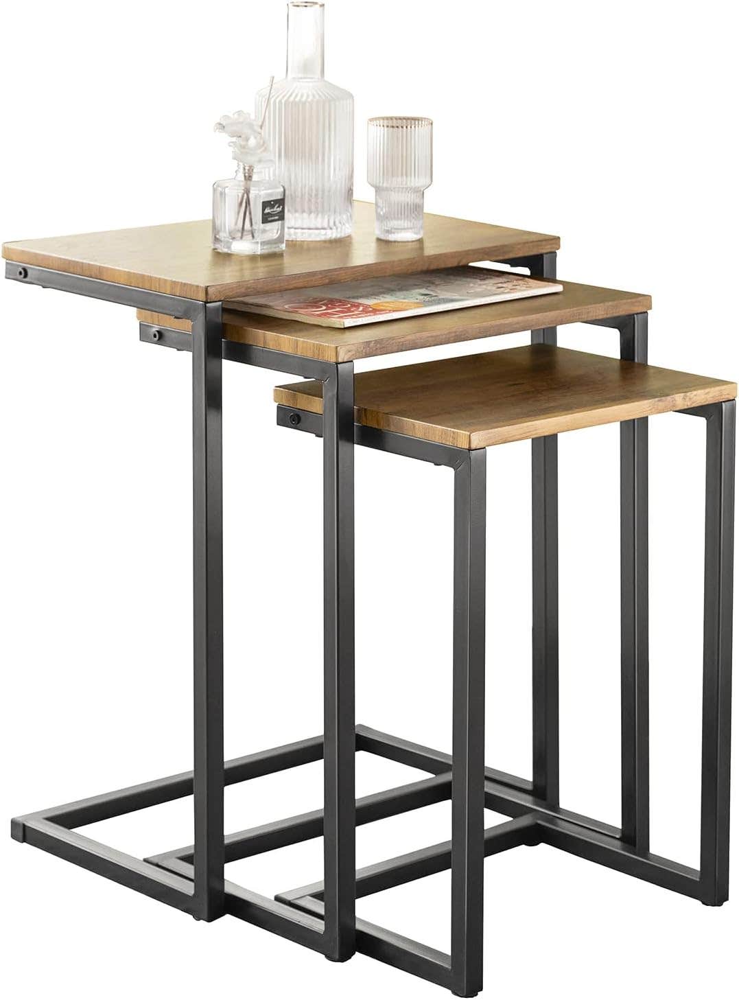 SoBuy Nesting Tables Set of 3 Industrial Living Room Side Table - Space Saving & Versatile - Metal Frame - Dunkelbraun - FBT102-F