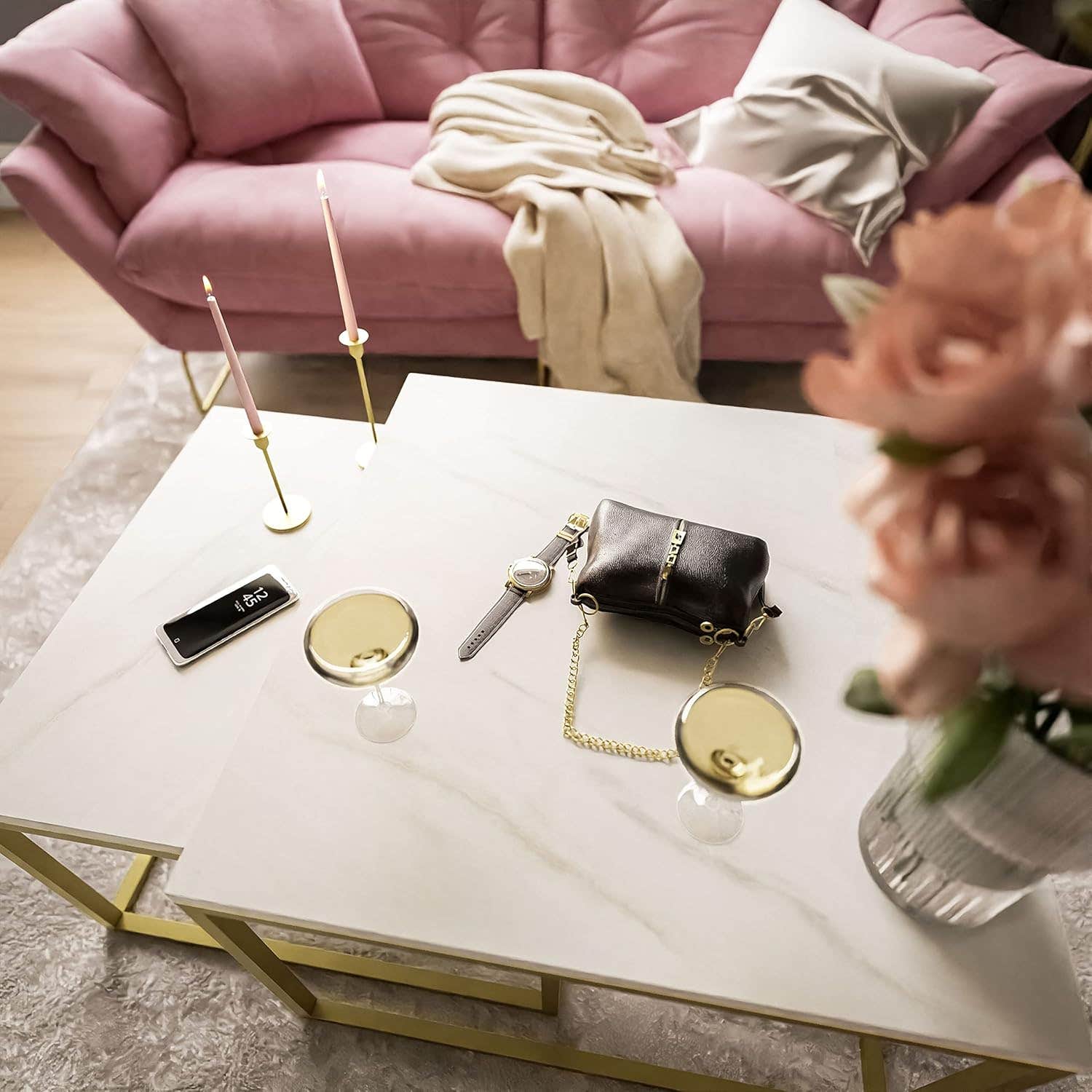lukmebel Yoshi LEVANTO 2-in-1 Coffee Table Set - Gold & Marble, Modern Design