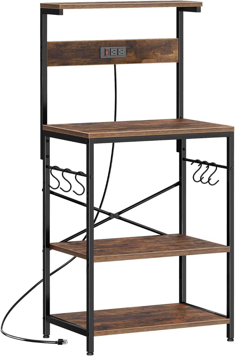 SUPERJARE Vintage Brown Kitchen Bakers Rack with Power Outlets, 4-Tier Coffee Bar Table, Microwave Stand with S Hooks - Storage Shelf for Spices, Pots, Pans