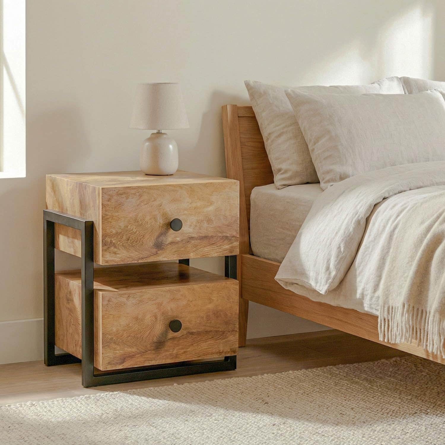FFO Sheesham Wood Bedside Table with Drawer - Brown - Compact Design