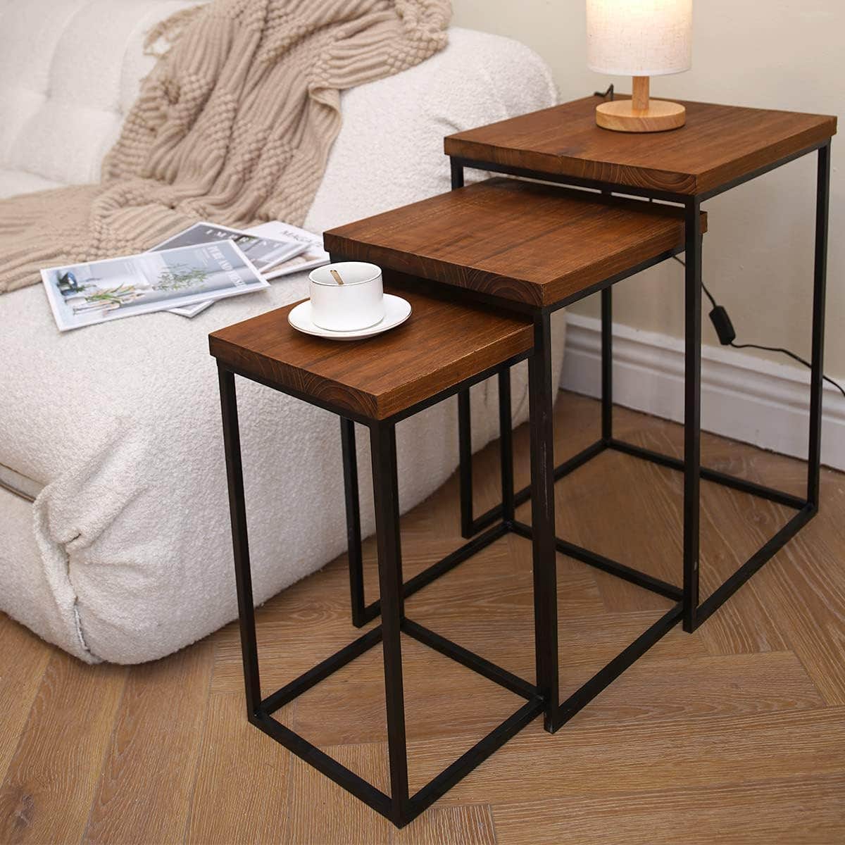 Uziass Rustic Wood Nesting Coffee Table Set - Square Modern Farmhouse End Tables