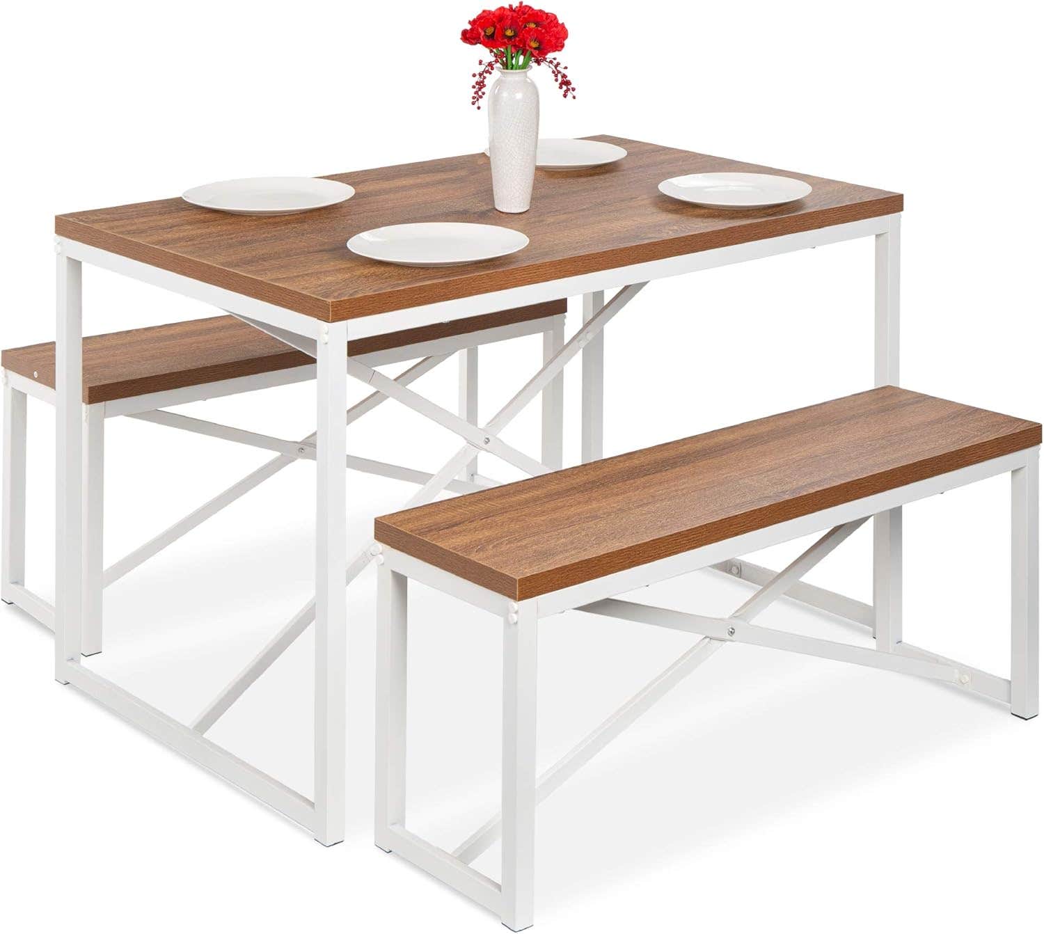 Best Choice Products 3-Piece Bench Style Dining Set, Space-Saving Dinette for Kitchen - Brown/White