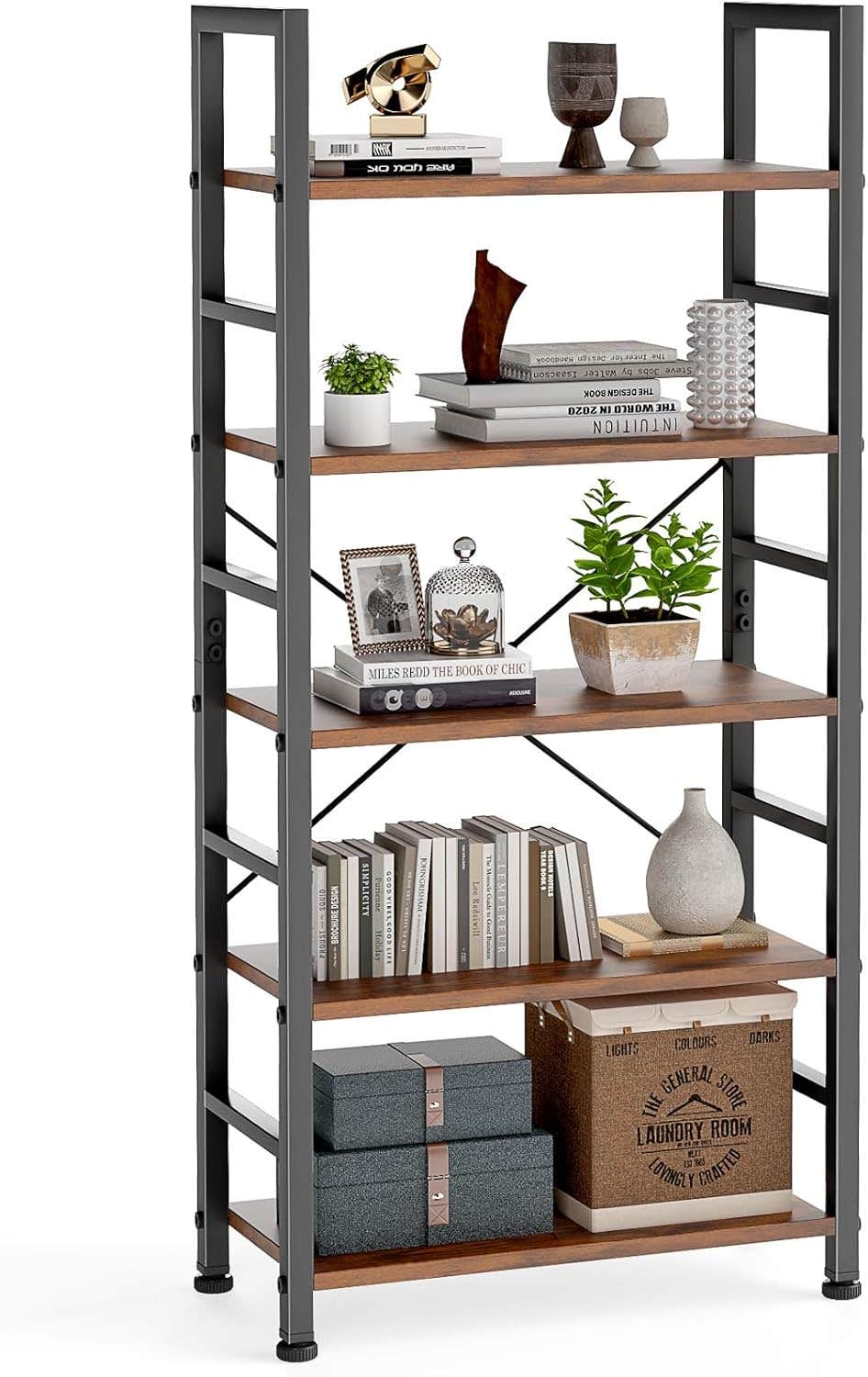 DUMOS 5-Tier Industrial Bookshelf, Rustic Brown Metal, Adjustable & Durable - Home & Office Storage