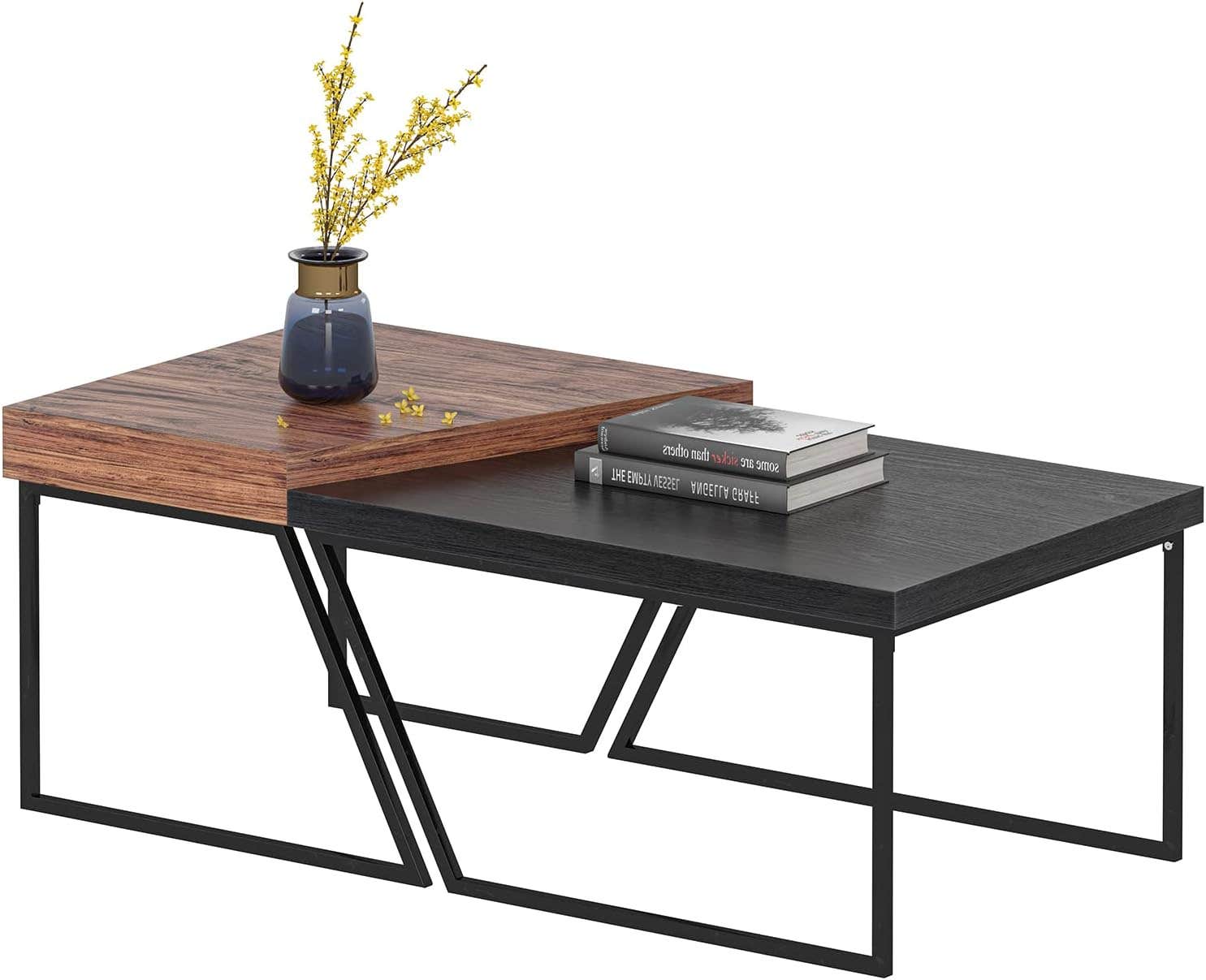 soges Nesting Table, Black&Brown Modern Stacking Side Table Set of 2, Rectangle Coffee Tables, Nesting Side Tables for Living Room, Home Office, Balcony