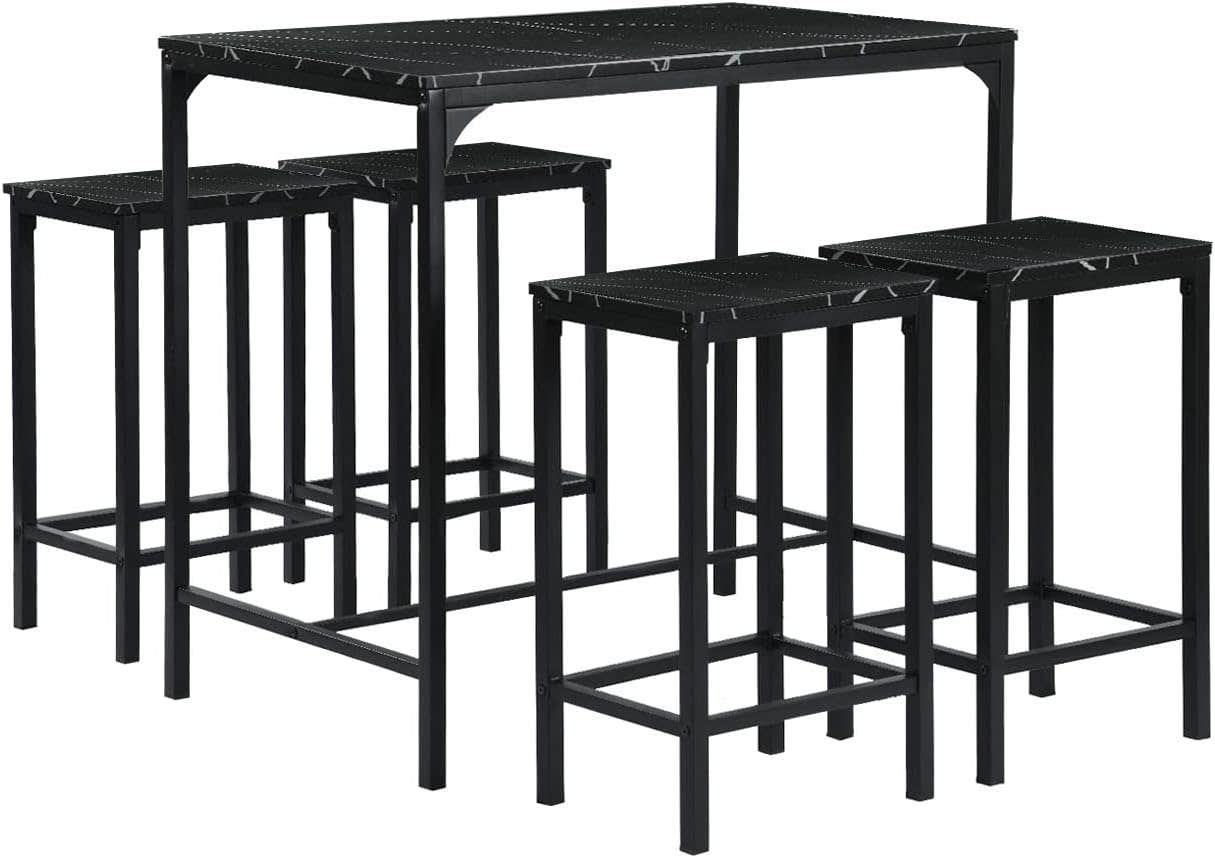 Modern Marble Dining Set with Bar Stools, Black/White, 5-Piece