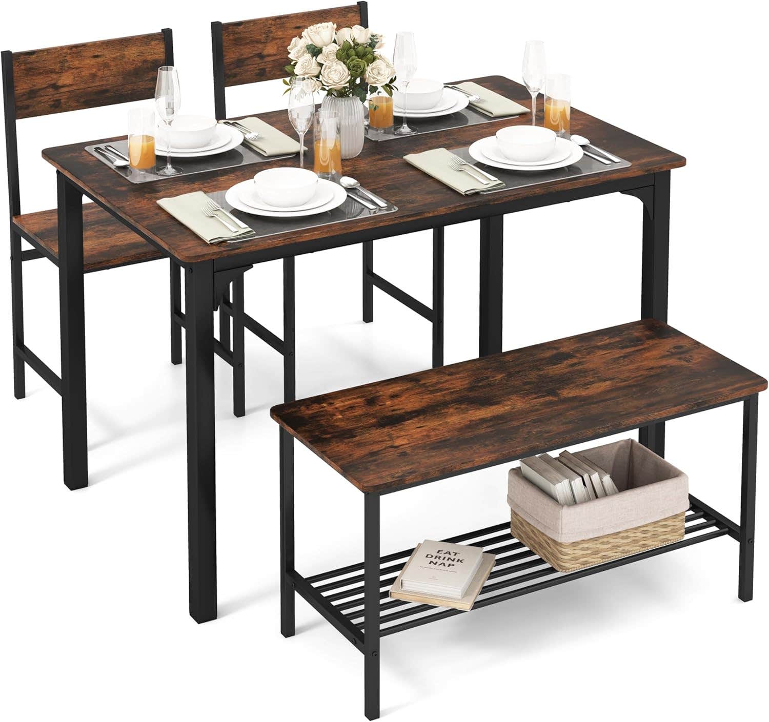 Tangkula Dining Table Set for 4, Kitchen Table and 2 Chairs for 4 with Bench, 4 Piece Dining Table Set for Small Space, Apartment