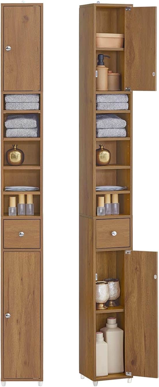 SoBuy BZR34-PF ES Bathroom Column Cabinet Tall Bathroom Shelves with 5 Open Shelves 2 Doors and 1 Drawer Brown 20 x 20 x 180 cm