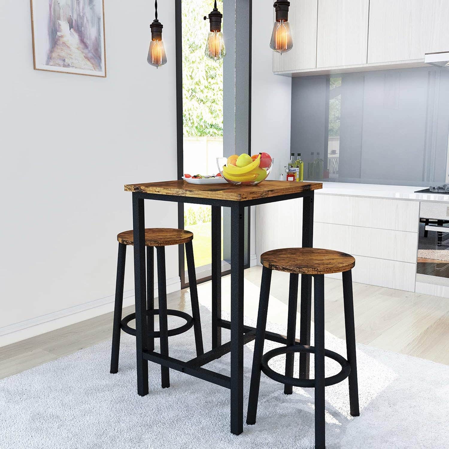 Hooseng 3-Piece Rustic Brown Bar Table Set with 2 Stools