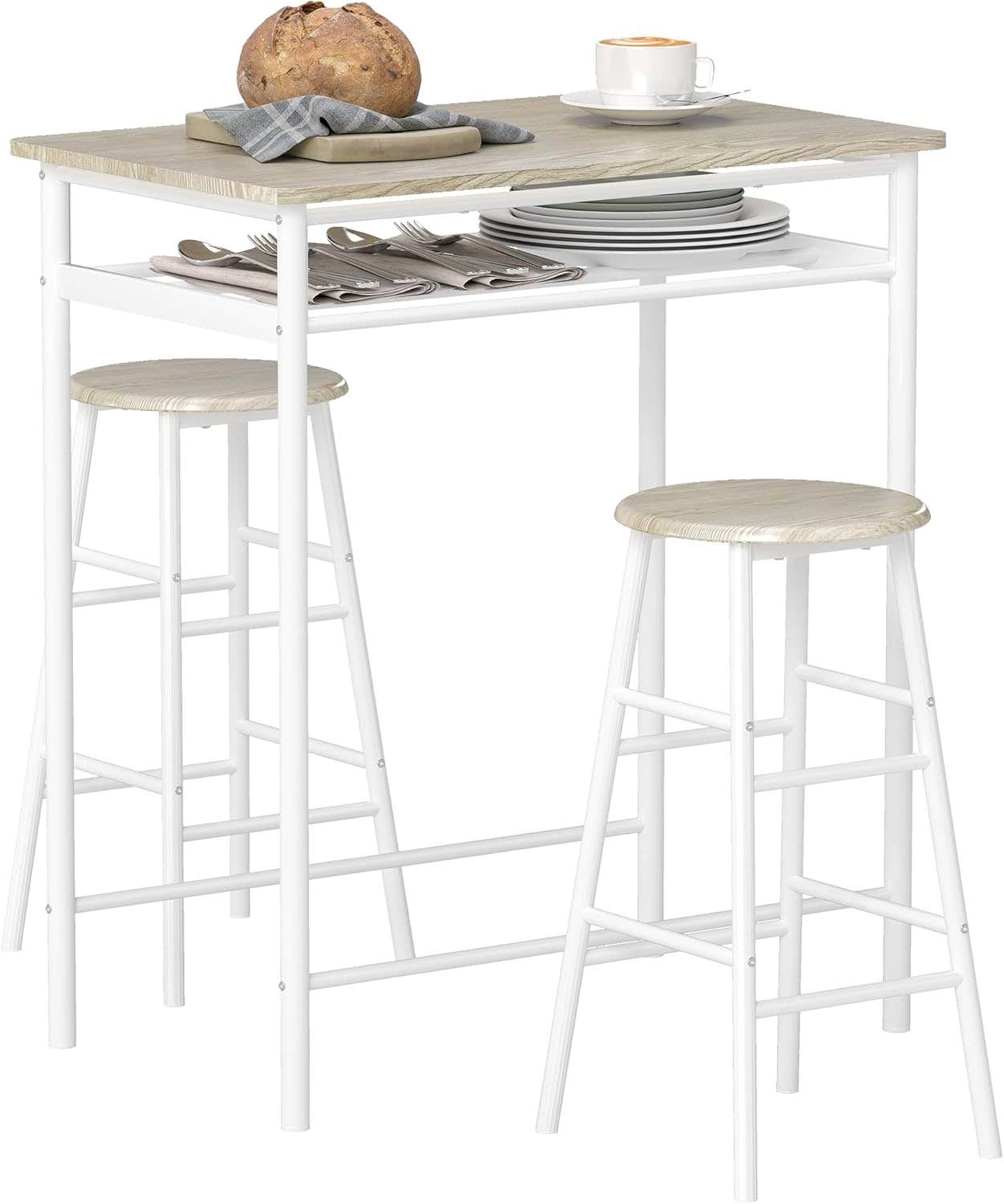 HOMCOM Bar Table Set - 1 Bar Table and 2 Stools with Metal Frame, Footrest and Storage Shelf, White and Oak