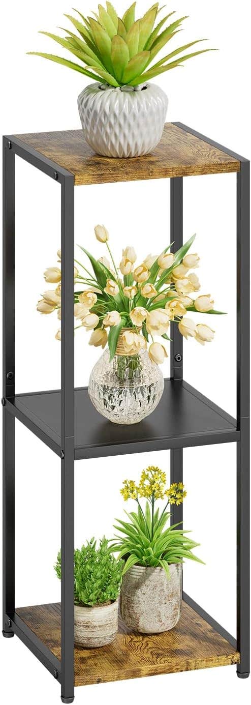 3 Tier Tall Plant Stand Indoor | Metal Wood Corner Shelf | Rustic Brown | JC-Houser