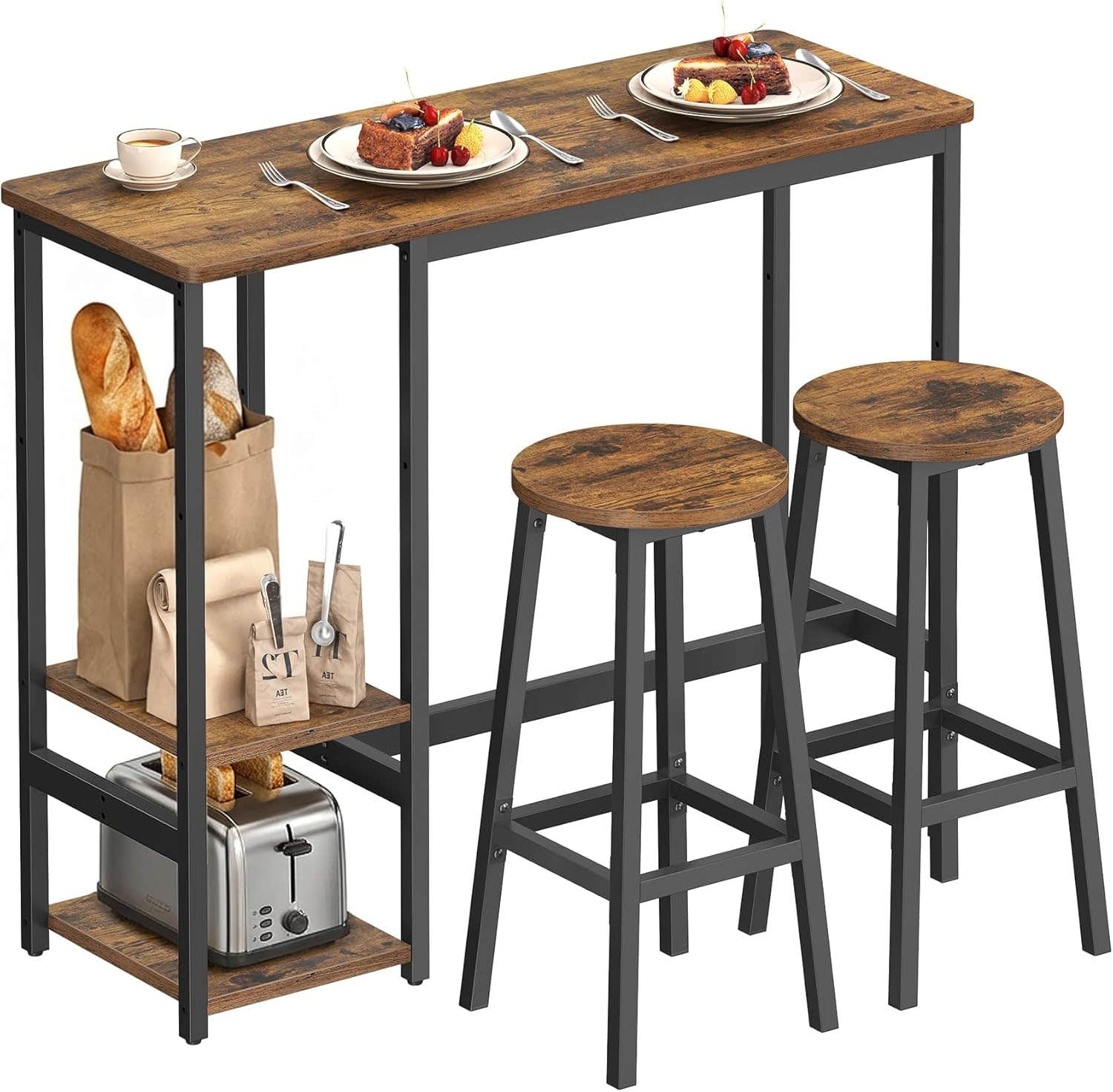 VASAGLE Rustic Brown Bar Table Set with 2 Stools, Storage Shelves, Steel Frame