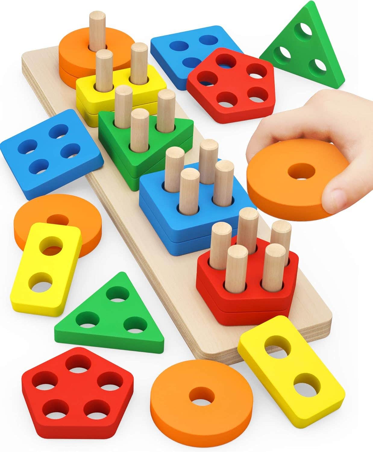 PEBIRA Montessori Wooden Sorting & Stacking Toy Set for Toddlers - Color Recognition, Shape Sorter, Educational Puzzles