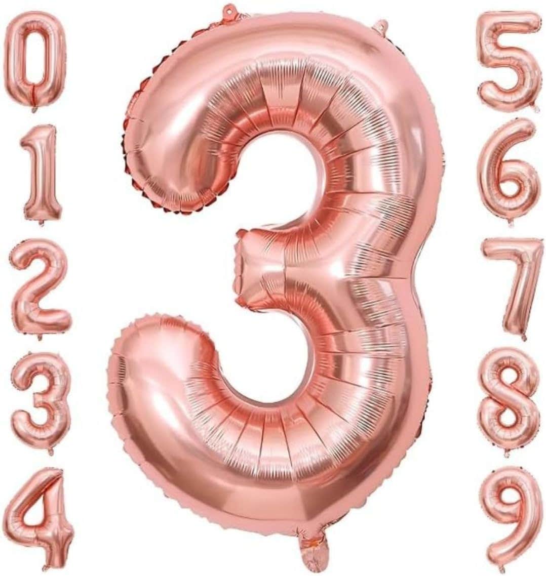 Rose Gold Number 3 Balloon for Birthday, Wedding, Graduation | Large 32" Aluminum Foil | Reusable