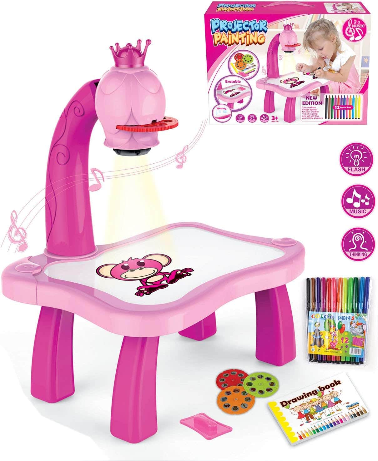 Kidikidi Drawing Projector Table for Kids - Pink, Light & Music - Doodle Board, Gifts for Boy Girl 3-8 Years