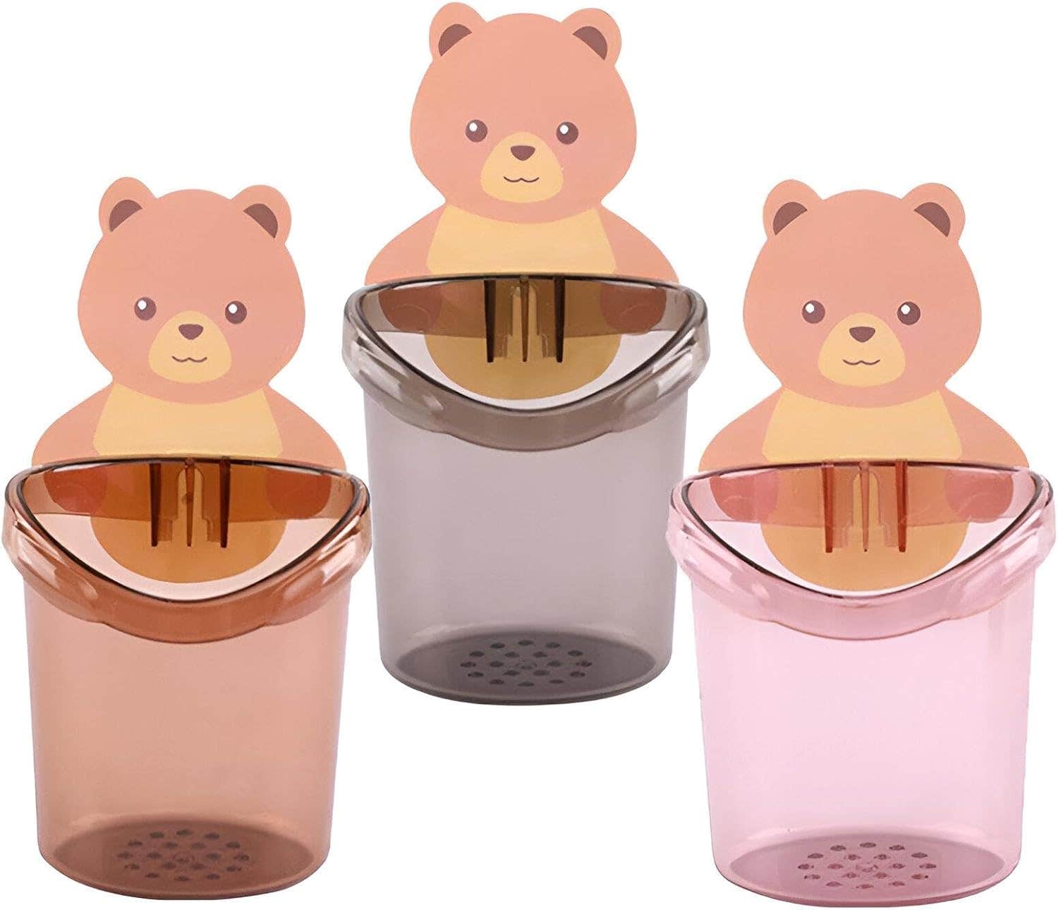 Kids’ Self-Adhesive Teddy Bear Toothbrush Holder & Cup Set - Pack of 3