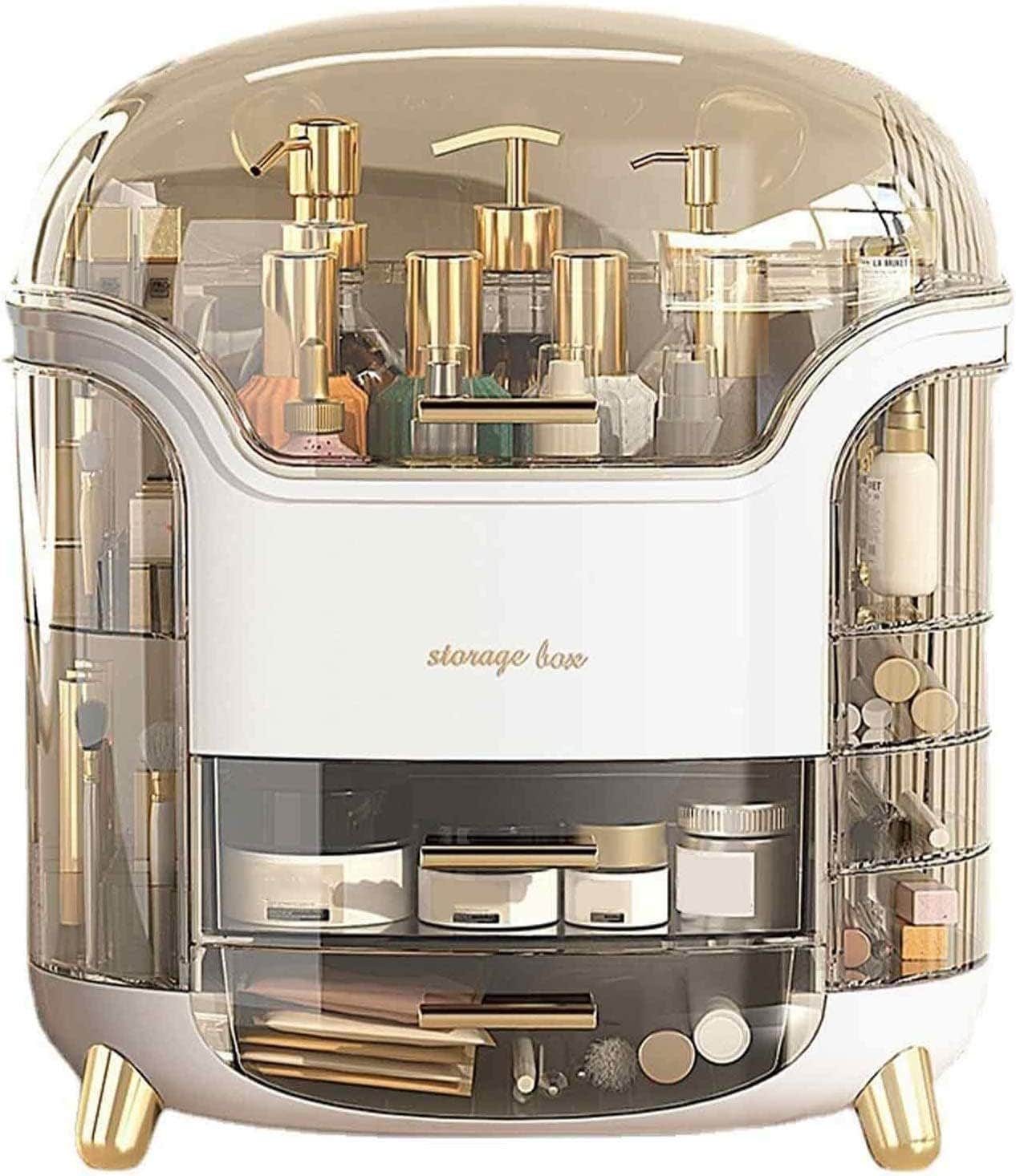 Kousee Makeup Storage Organizer, Large Skincare Organizers Cosmetic Display Case with Lid,Lipstick Organizer and Transparent Cover, Makeup Box for Bedroom Vanity Desk Countertop Bathroom -White