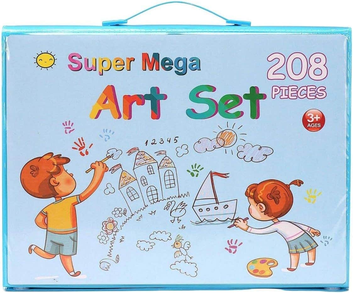 OBIXO 208 Art Set for Drawing & Painting - Blue Aluminum Case with Crayons, Pastels, Pencils, Watercolors