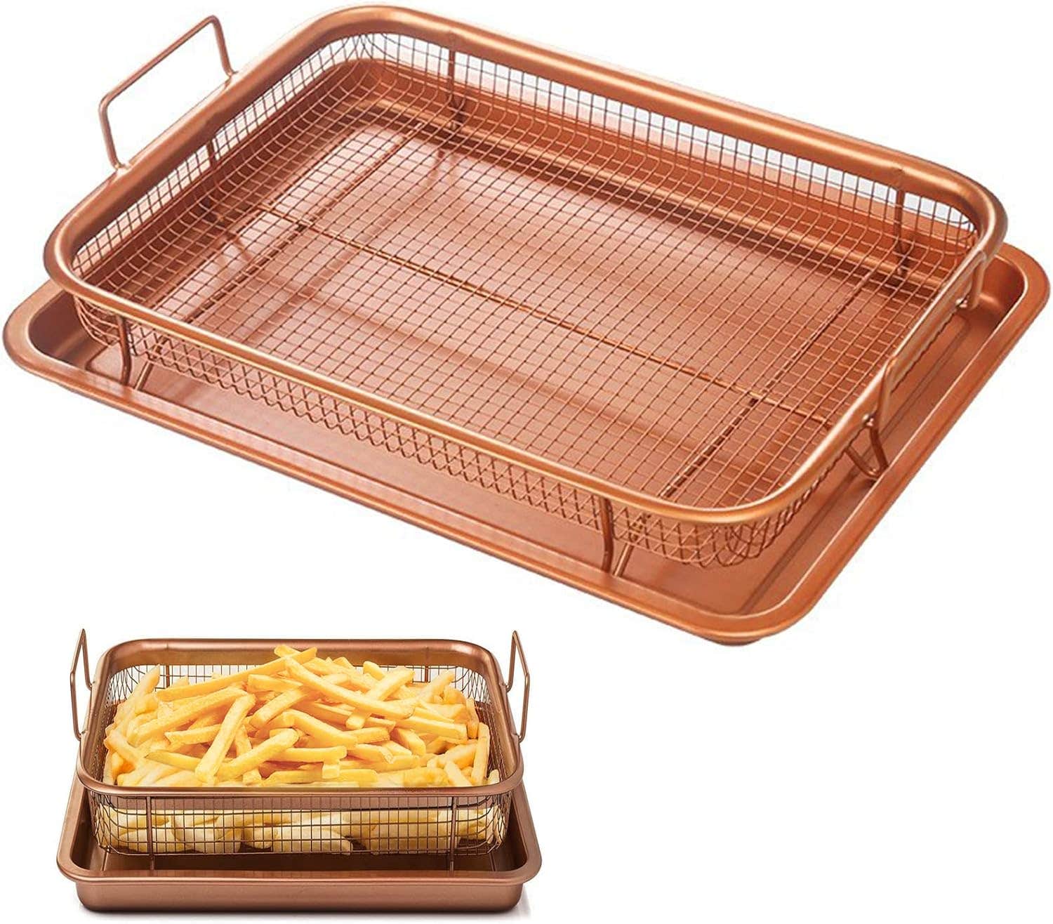 PBRO Copper Pizzelle Maker Tray Set - Non Stick Baking Pan & Mesh Basket
