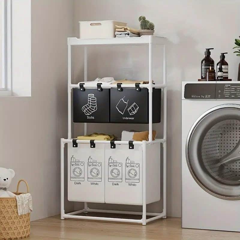 Generic Laundry Organizer with Removable Sorting Baskets - White Metal Storage Rack