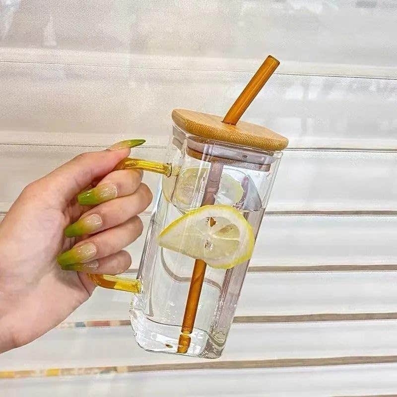 Shalimo Glass Ice Coffee Cup with Wood Lid | 450ml | Yellow
