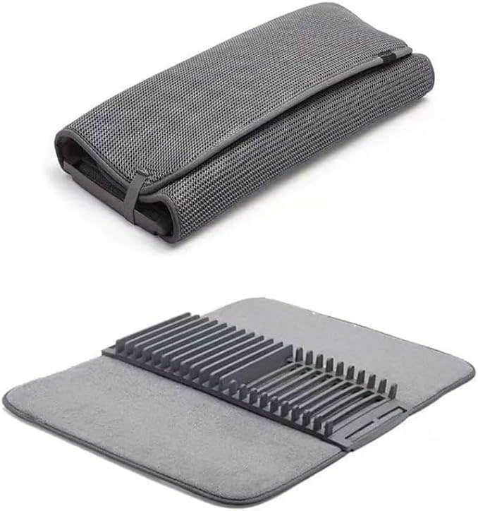 Microfiber Dish Drying Mat with Plate Rack - Grey, 44x20cm