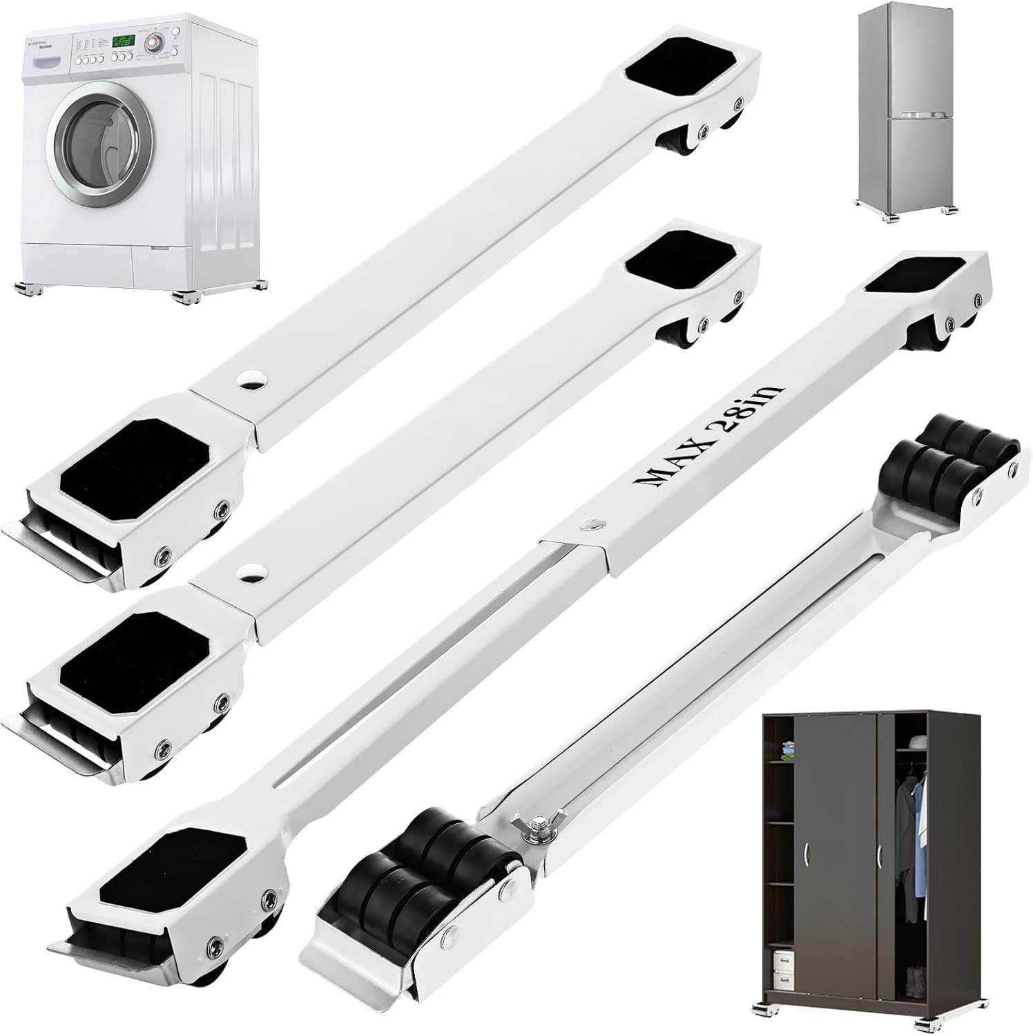 Menkxi 4 Pack Appliance Rollers for Washer and Dryer Heavy Duty Strong Load Bearing Appliance Sliders Max 28 Inch Extendable Furniture Mover Moisture Proof Machine Stand for Refrigerator Dishwasher