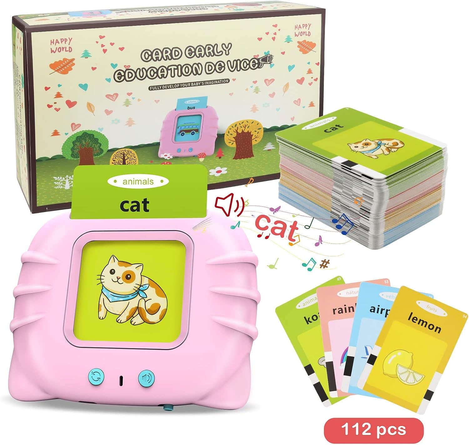 AWH Educational Audible Flash Cards for Toddlers 1-6 Years - 112 Double-Sided Cards - Pink Reader
