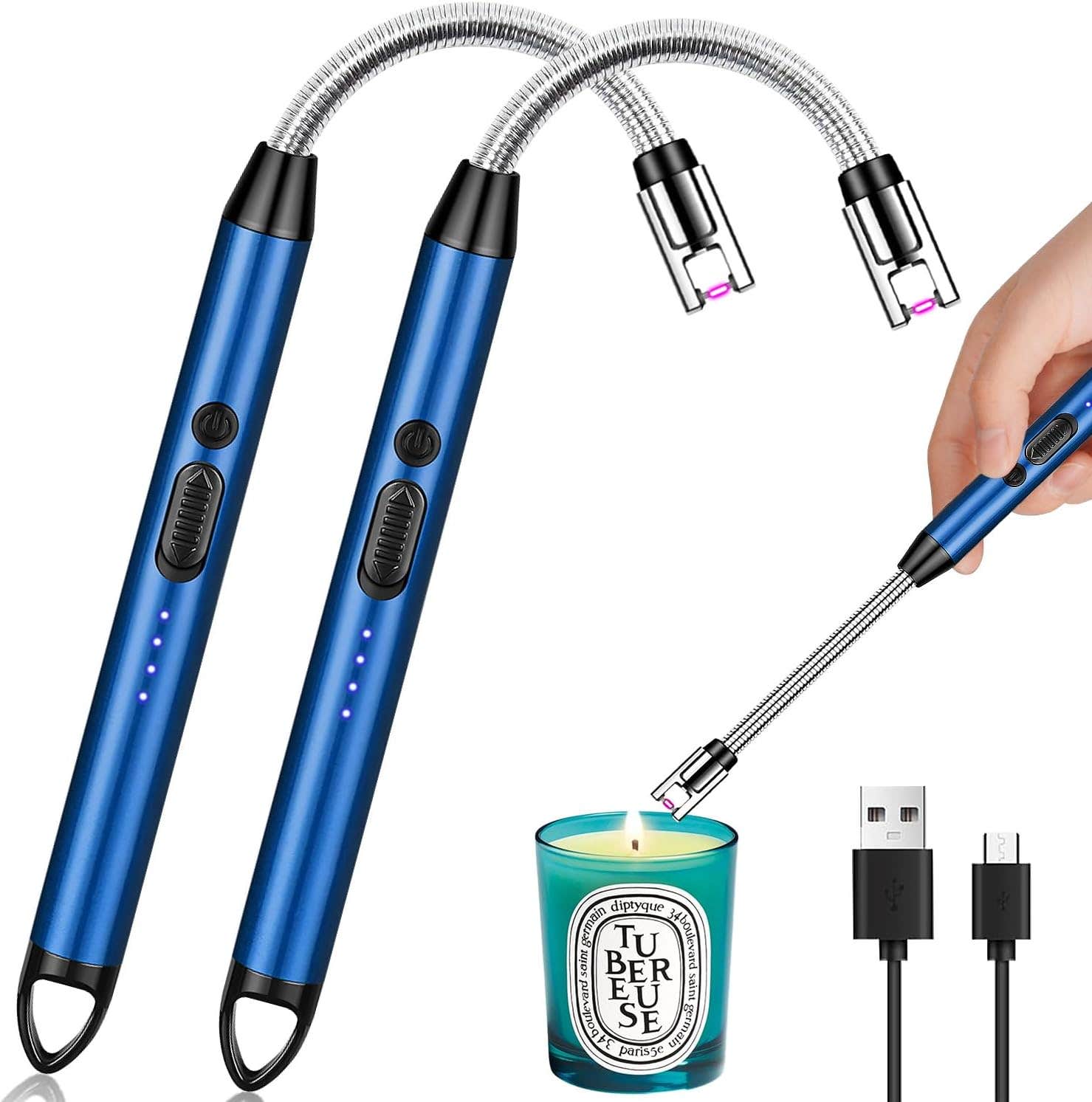 Sugarzoon Rechargeable Candle Lighter 2 Pack - Blue, LED Display, Long Neck, USB, Windproof Arc Lighter