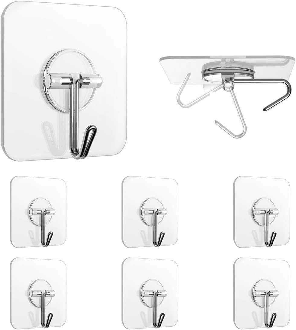 Transparent Adhesive Hooks - Ceiling Hooks, No Drilling Magic Hooks, Kitchen & Bathroom Hooks (6 Pack, 5 kg Max)