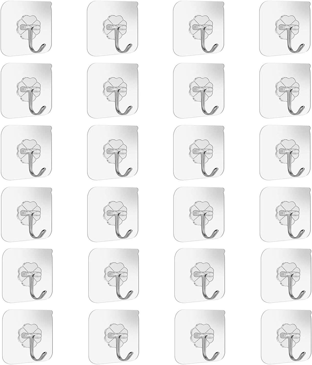 Heavy Duty 22lb Max Metal Nail Free Adhesive Wall Hooks (Clear, Silver) - 24 Packs