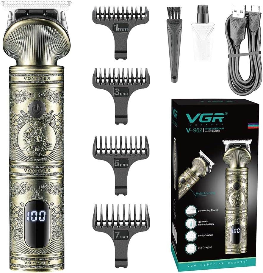 VGR V-962 Professional Pro Self Haircut Hair Clipper Beard trimmer Digital Display Blades USB Charging cable 4 Guide Combs for men 0mm Bald Head Clipper Runtime 200 mins 1200 mAh Li-ion Battery
