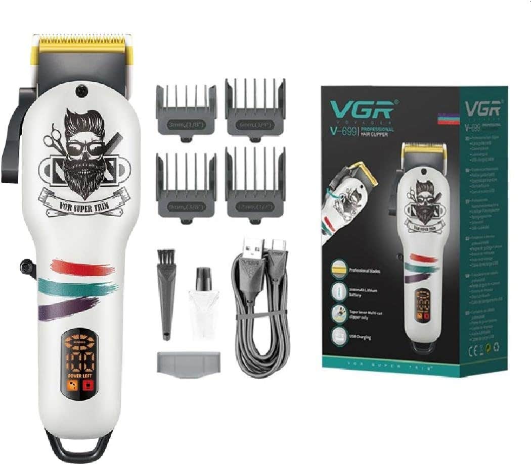 VGR V-699 Salon Series Professional Digital Display Cordless Hair Clipper with Taper Lever Hair Cutter Kit Grooming Set Li-ion Battery 2000mAh 180 minutes with USB charging with Hanging loop - White