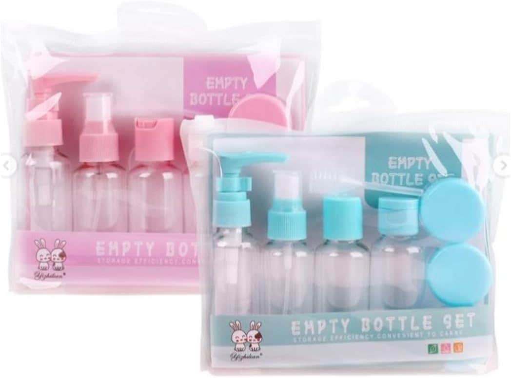 7 Pieces/Set Durable And Reusable Travel Bottles Cosmetics Packaging Empty Pressure Bottle Travel Transparent Plastic Perfume Travel Kit For Women (Pink)