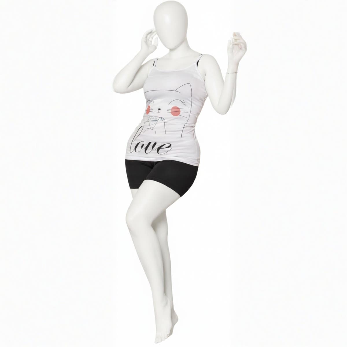 Women's Cartoon Graphic Short Pajama Set - Cotton Blend, Free Size up to 75kg - Black & White