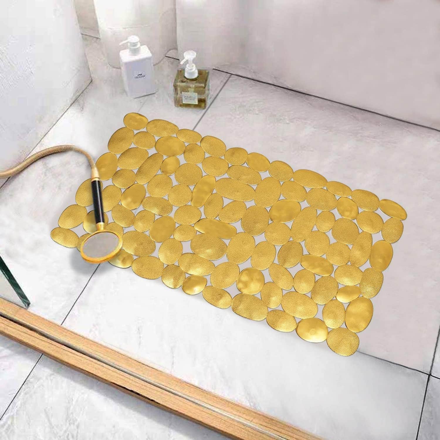Luxury Bathroom Mat, Non-Slip Pebble Design, Color Bronze, Gold or Silver Metallic Finish, Rectangular Bath Rug, Water-Resistant Floor Mat