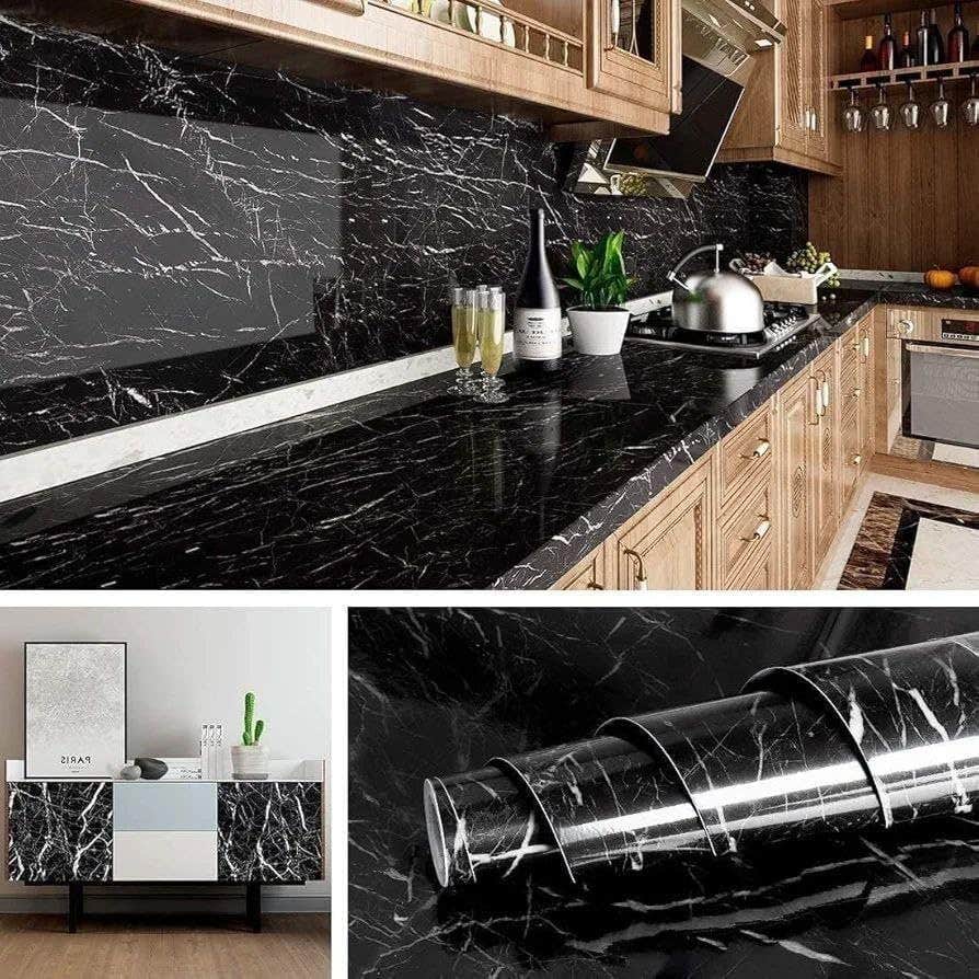 Black Marble Contact Paper for Kitchen, Self-Adhesive Wallpaper, Marble Pattern with White Veins, for Countertops and Countertops 45 * 500cm (Black and White)