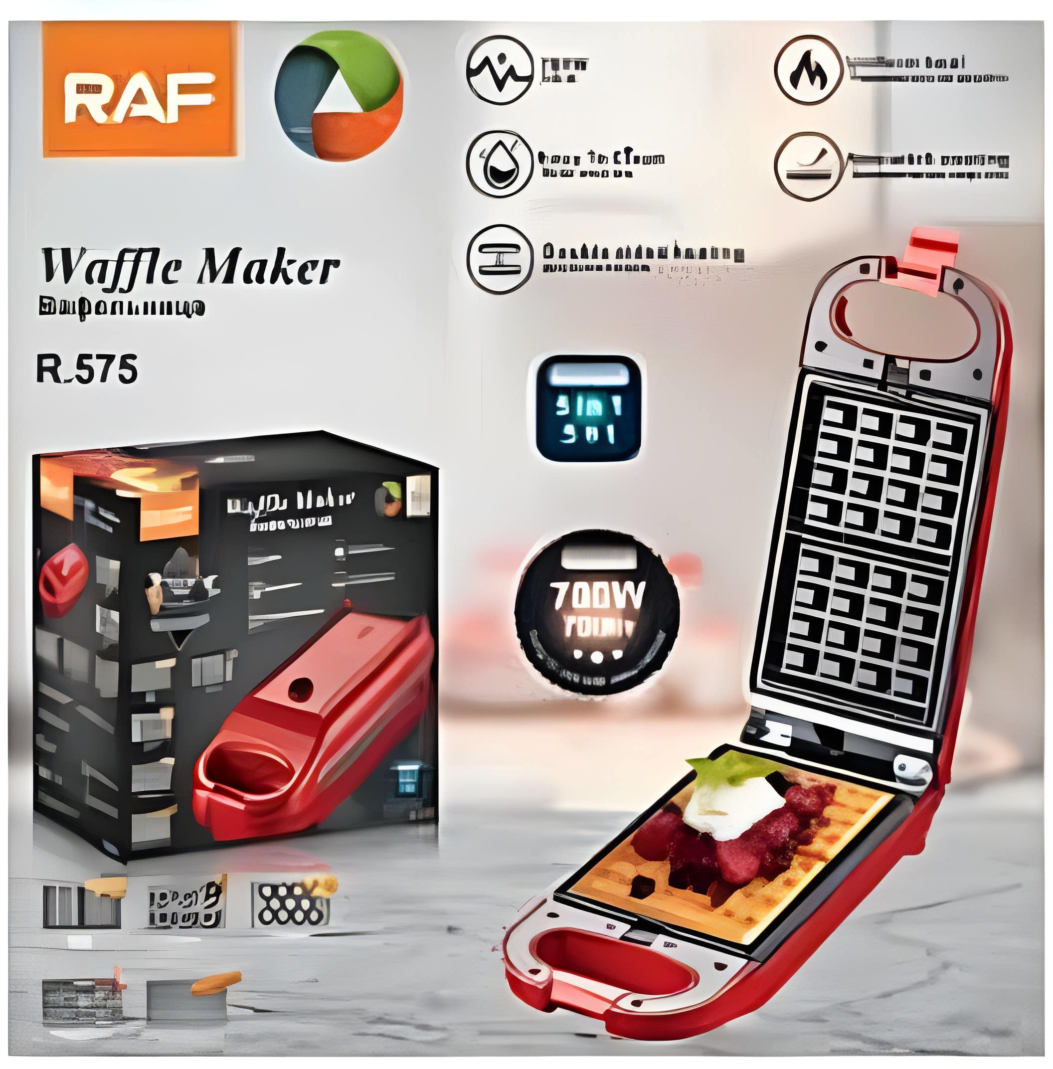 RAF Waffle Maker, 700W, Non-Stick Coating, Double Sided Heating, Easy to Clean, Red, Model R.575