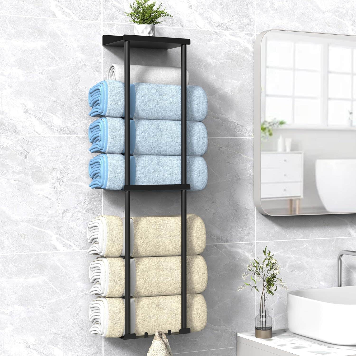 Liuoud Vertical Towel Rack with Shelf - Wall Mounted Bathroom Organizer - Black