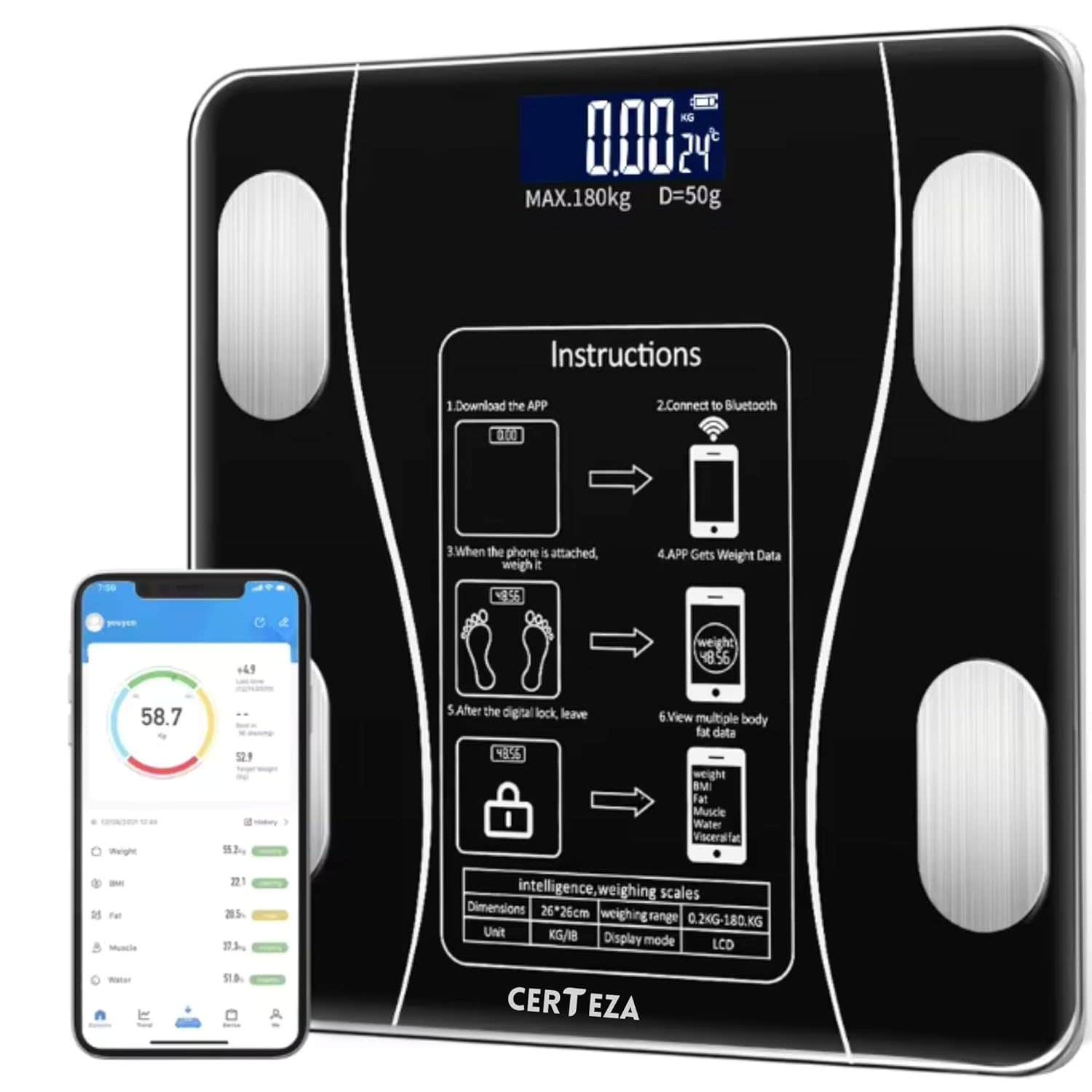 Certeza Smart Digital Body Fat Scale with Bluetooth Sync, Black