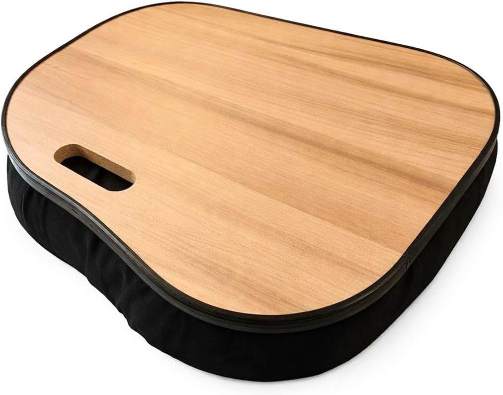 Wooden Lap Desk with Cushion Base, Natural Wood Top, Black Cushion, Portable Laptop Tray with Handle