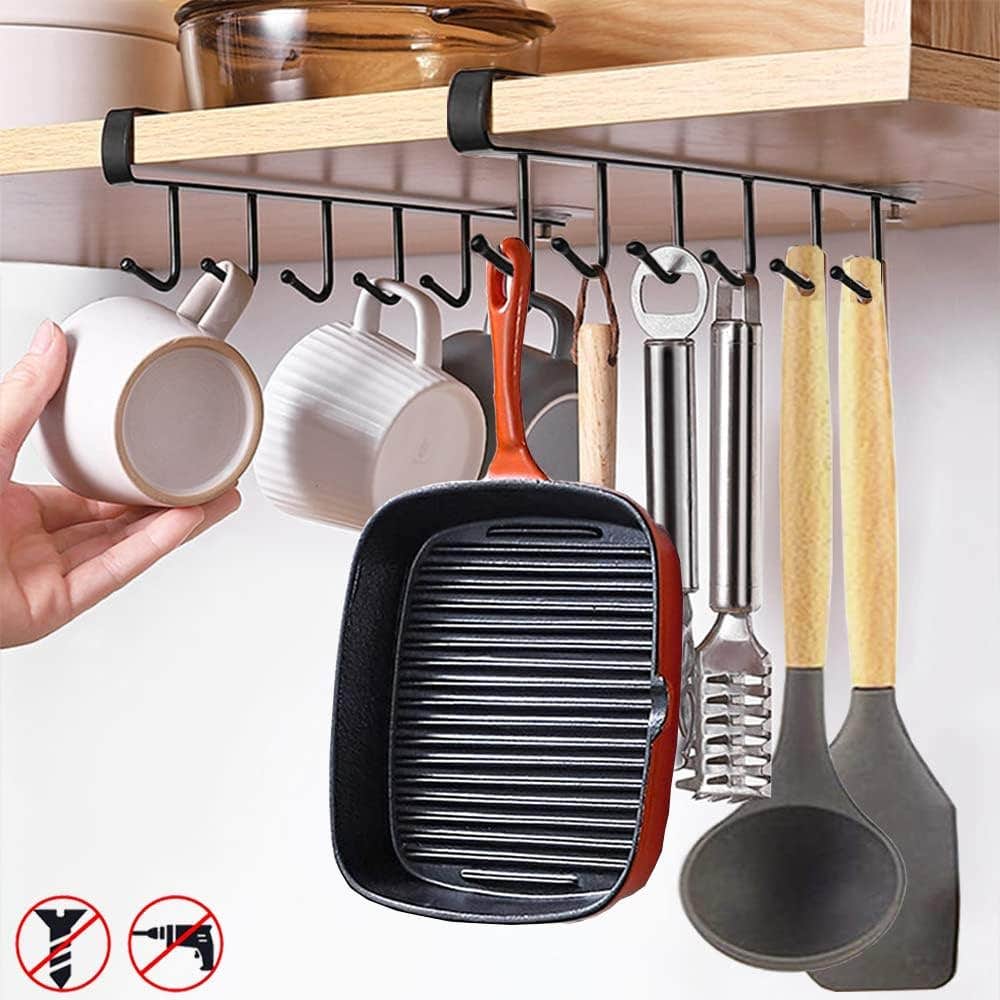 Cup Holder, Mug Hooks Under Cupboard, Coffee Hold Cup Rack No Drilling Storage Hooks for Cups/Kitchen Utensils/Ties Belt/Scarf/Key Storage (Black)