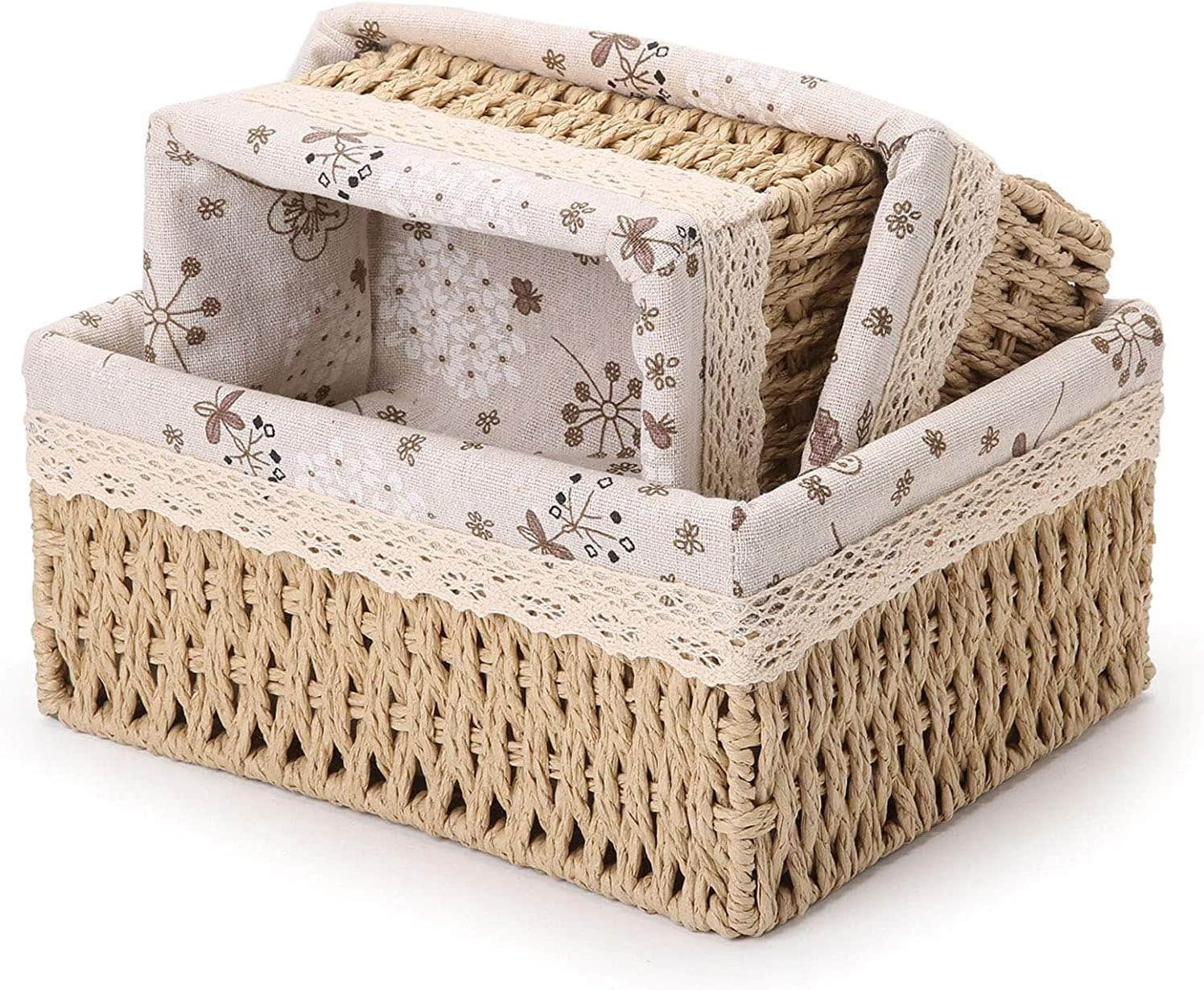 Braided rattan storage basket, 3 pieces - beige