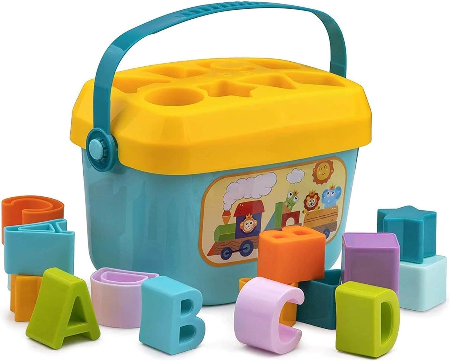Plastic shape and letter sorting toy for children, with storage box - multi-colored