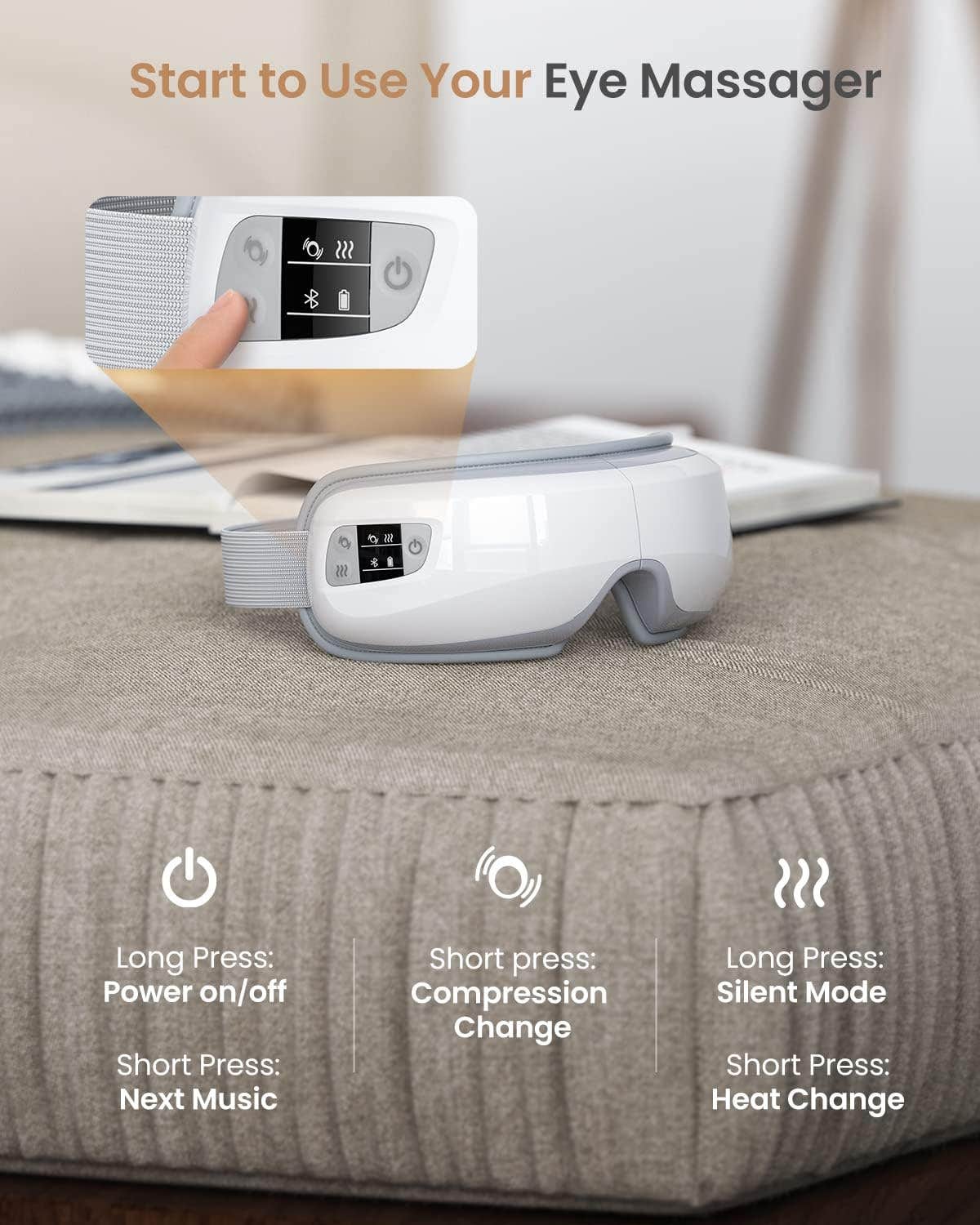 PureHeal Eye Massager with Heat, Bluetooth & Compression - White Silicon, Migraine Relief, Relaxation - Gifts for Men/Women