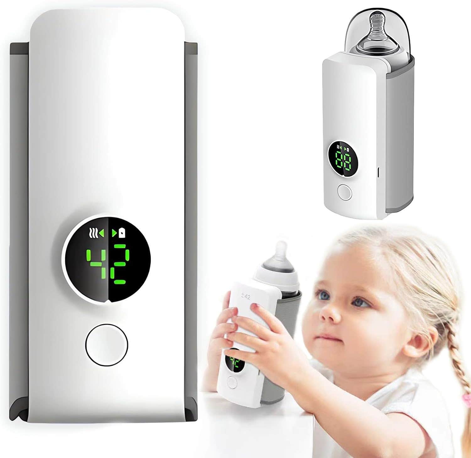 Portable Baby Bottle Warmer for Travel - Wireless Rechargeable 6000mAh Milk Warmer with LCD Display,Constant Temperature,USB Charging, Easy On-The-Go Heating Solution, White