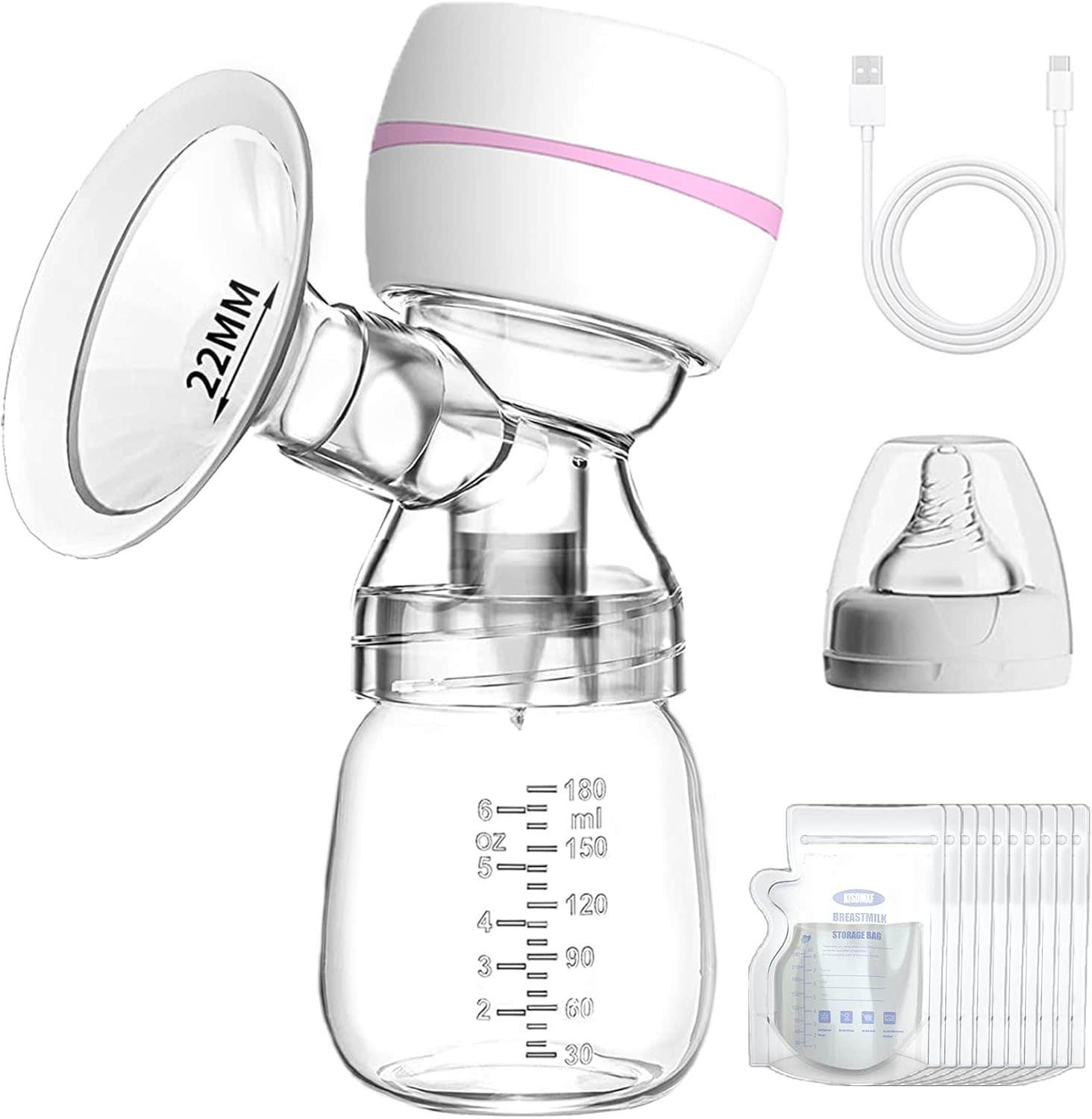 Portable Electric Breast Pump, Silent Single Breast Pump. 10 Breast Milk Fresh Bags, 3 Pumping Modes and 9 Intensity Levels, LED Display, Milk Pumping