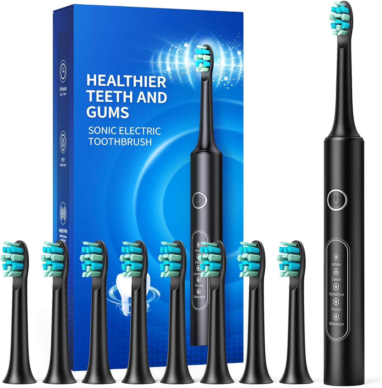 Demita Electric Toothbrushes,Electric Toothbrush for Adults and Kids with 8 Tooth Brush Replacement Head and 5 Brushing Modes,Sonic Toothbrush with 60 Days Battery Life,2 Minute Smart Time(Black)