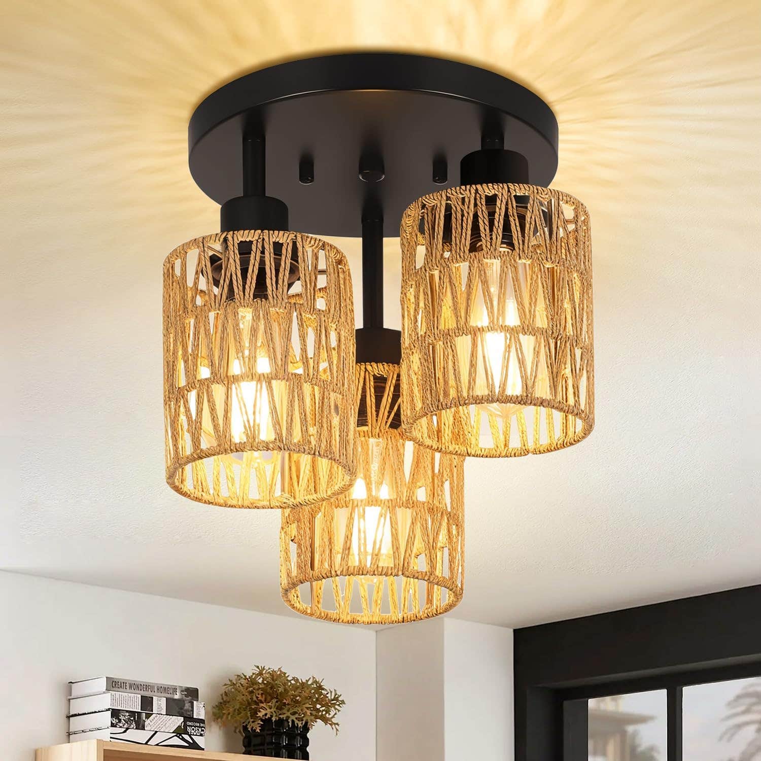 Mlihove Rattan Ceiling Light 3-Bulb Black-3 Semi Flush Mount