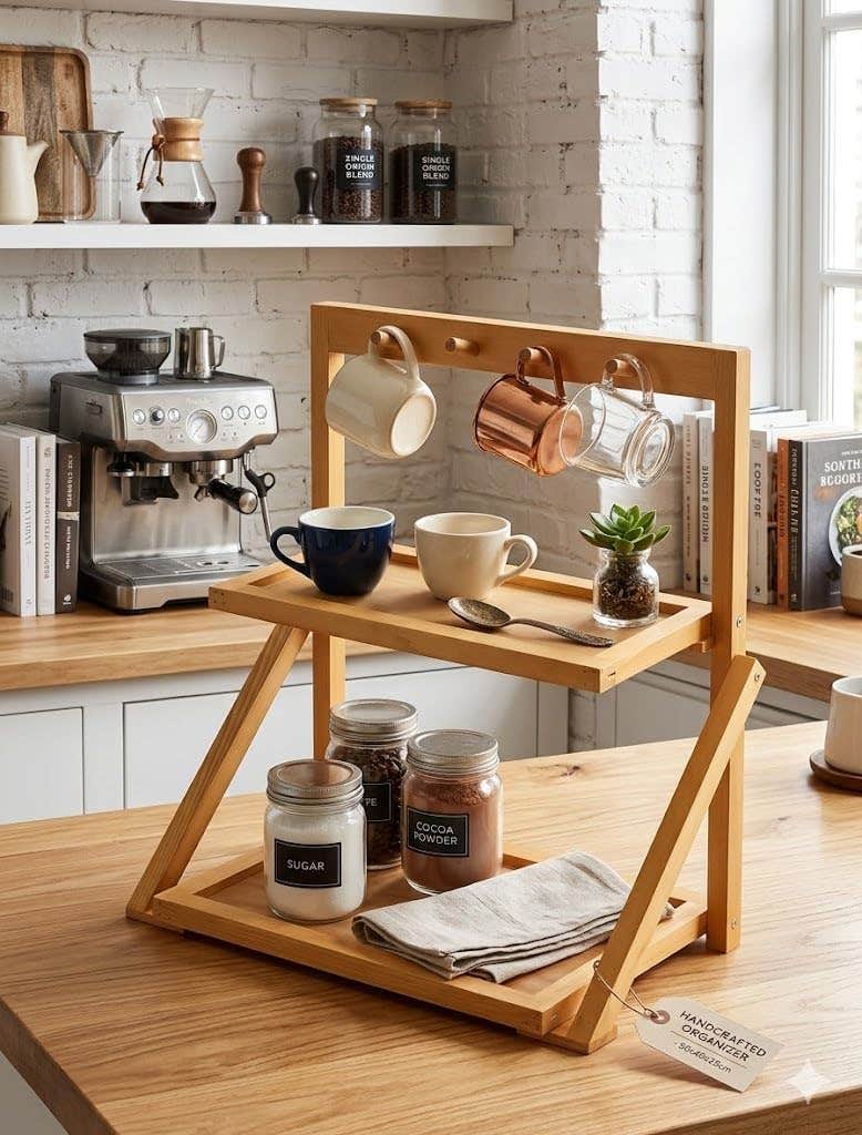 2-Tier Wooden Coffee Station Organizer with Mug Hooks - Countertop Storage Shelf - Natural Wood