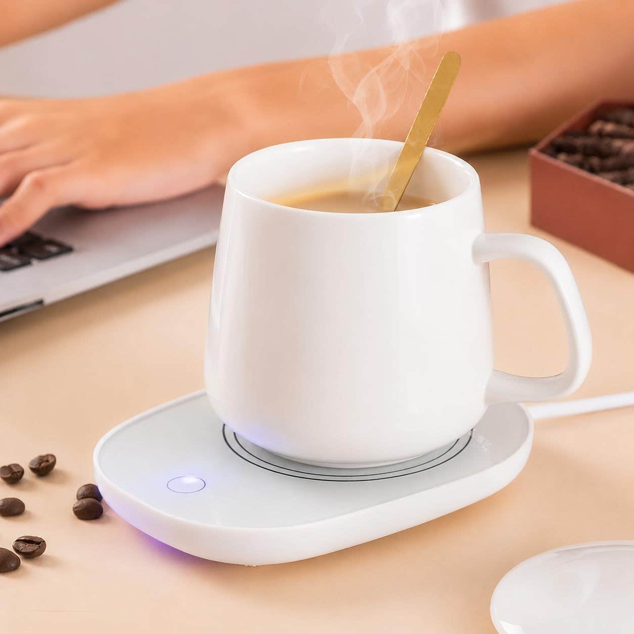 Electric Coffee Warmer with lid and spoon Electric Mug Heater,Portable Coffee Beverage Warmer,Induction mug for Tea and Coffee,Milk, Tea,Water Temperature | Electric Smart Cup Warmer Pad